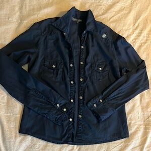 Zadig & Voltaire navy lightweight cotton snap front embroidery fringe cowboy sz2